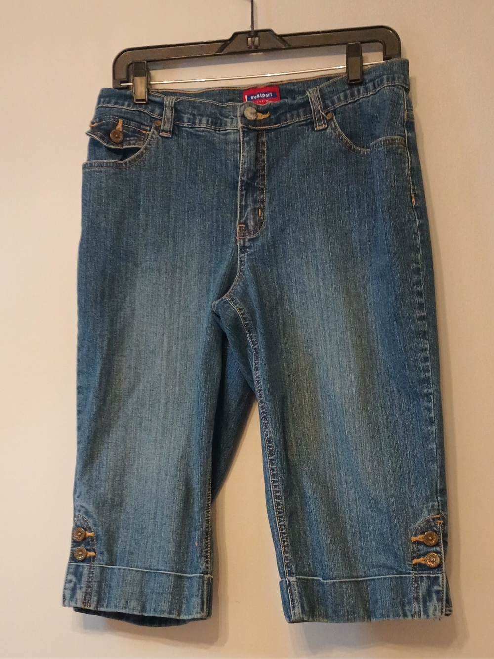 Westport Denim Casual Mid-Blue Denim Cropped Capris with Button‎ Cuff 10